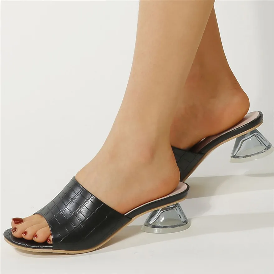 Peep Toe Soft Leather Slippers Women Sandals Summer Clear Crystal Cup High Heel Shoes Outdoor Woman Fashion Slip On Mules Slides