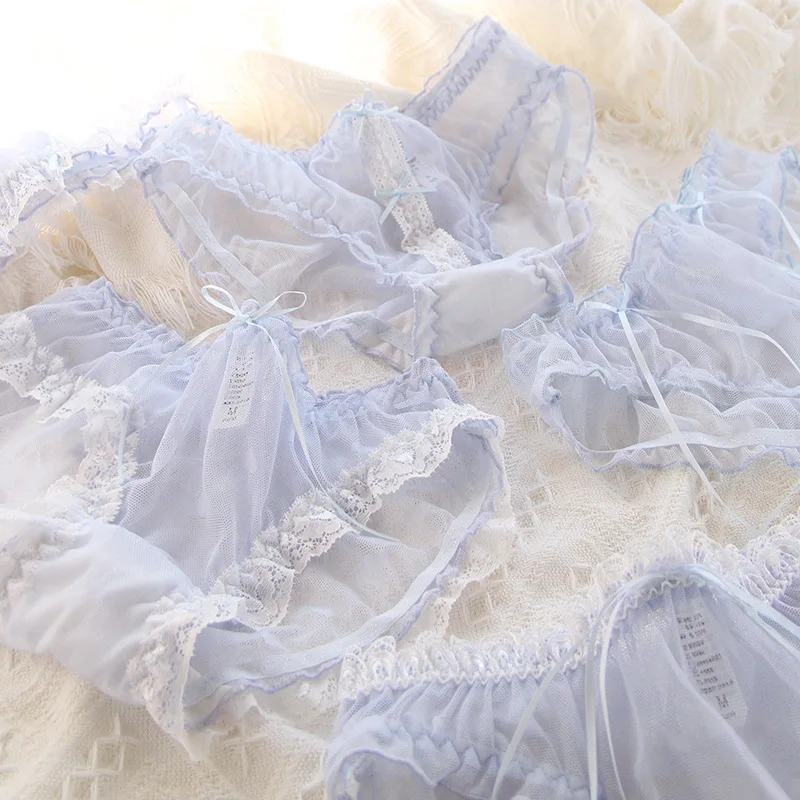 Summer Milk Blue Sweet Lace See Through Panties Bowknot Mid Waist Mesh Cotton Crotch Triangle Underwear