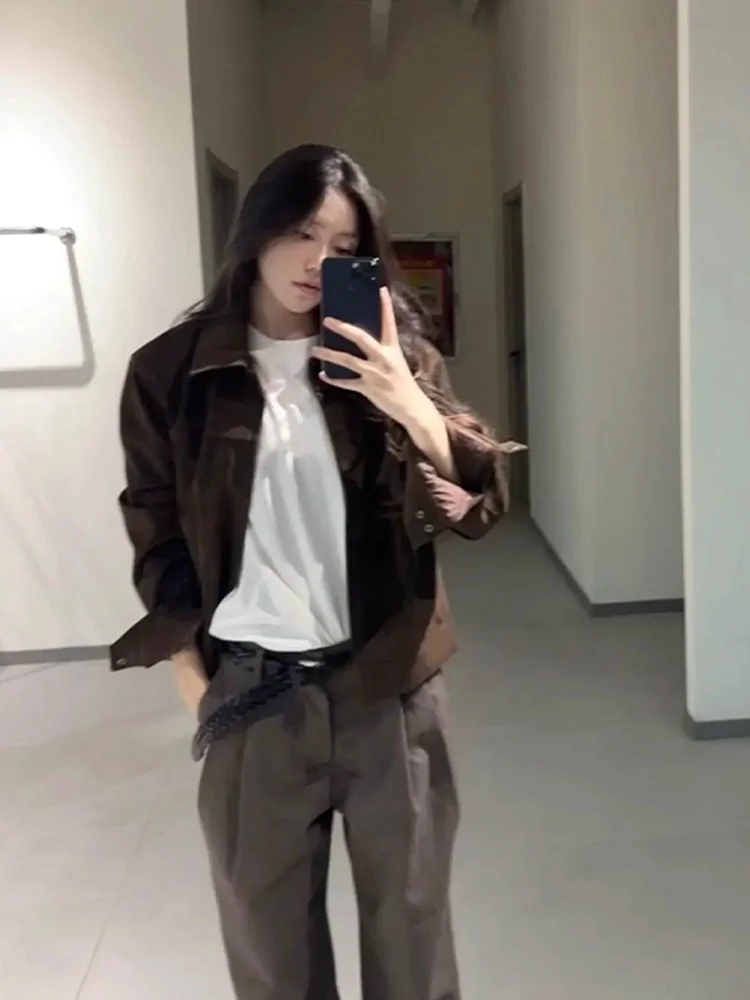 Barn Sle Suede ort Workwear Jaet ex Stand Collar Retro American Baseball Coat Zipper Closure Loose Fit Outerwear view 2