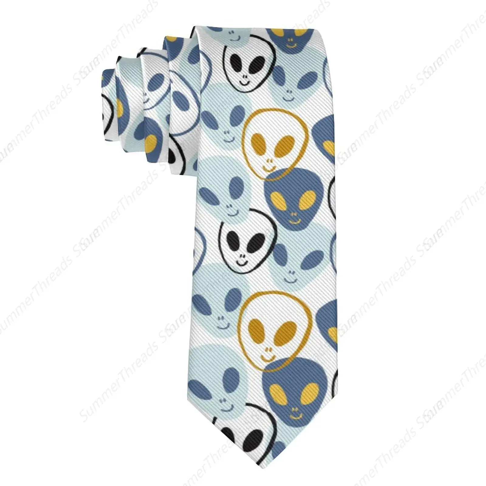 Mens Tie Funny Necktie, Novelty Childish Aliens Faces Ufo Alien 90s Style Neck Ties Wedding Party Holiday Christmas Festive Gift