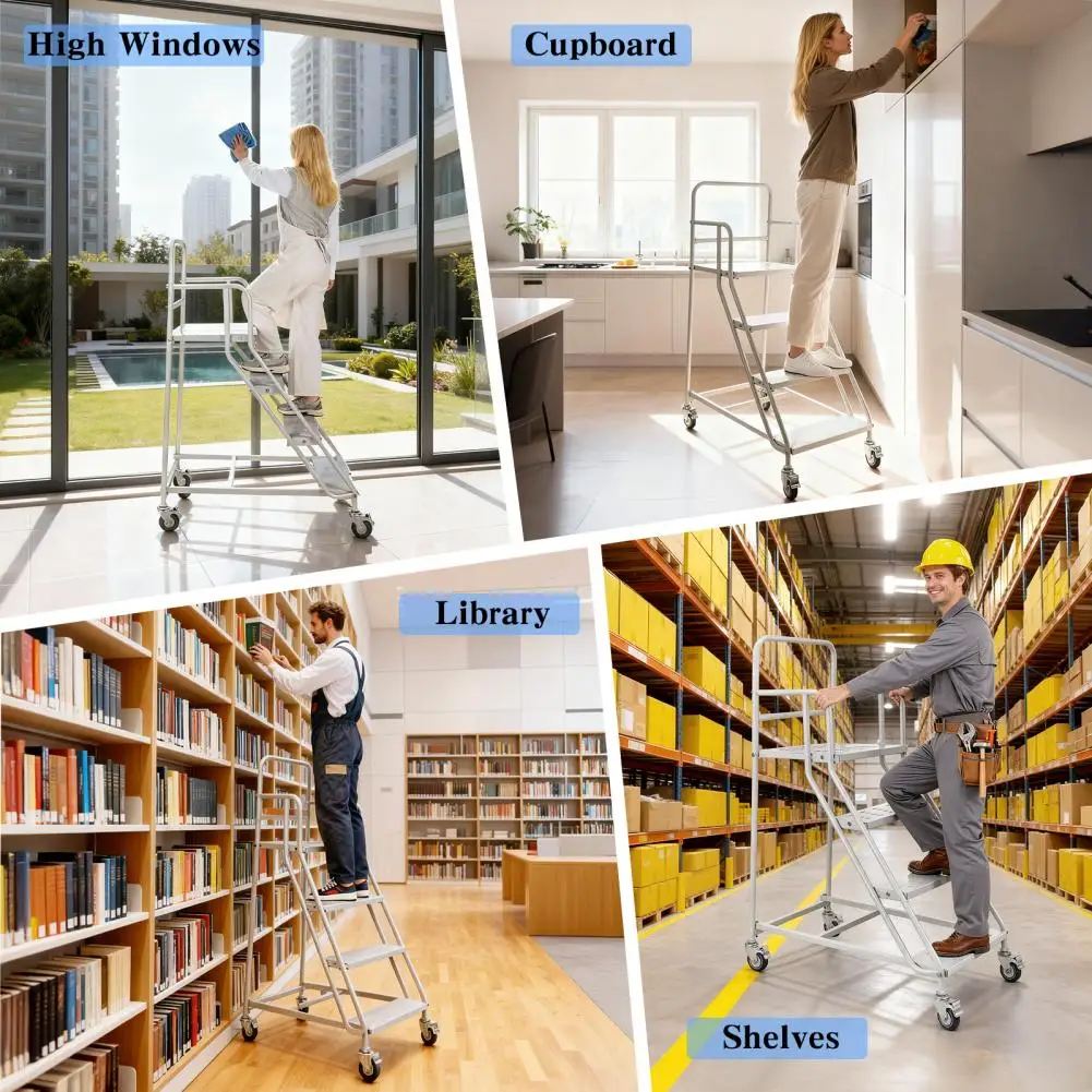 Rolling 4 Step Safety Ladder Heavy Metal Warehouse Step Ladder With Lockable Wheel High Load Capacity For Garage