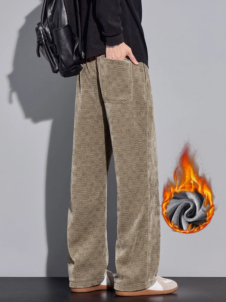 الرجال الجاكار الصوف السراويل الشتاء موضة مستقيم سميكة فضفاضة المخملية Sweatpants الذكور عادية واسعة مرونة الخصر بنطلون #5