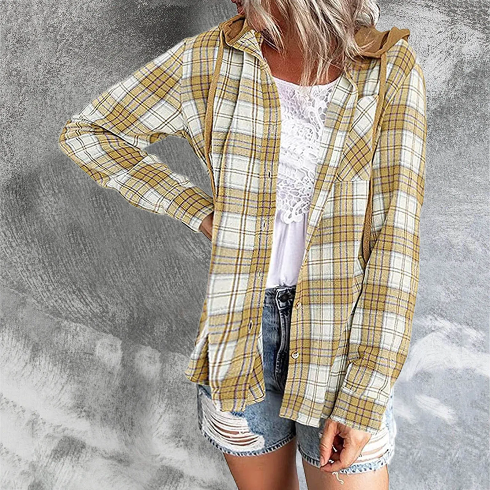 Spring Autumn Women Shirt Fashion Casual Plaid Hooded Shirts Long Sleeve Button Down Blouse Feminina Streetwear Casual Tops Coat