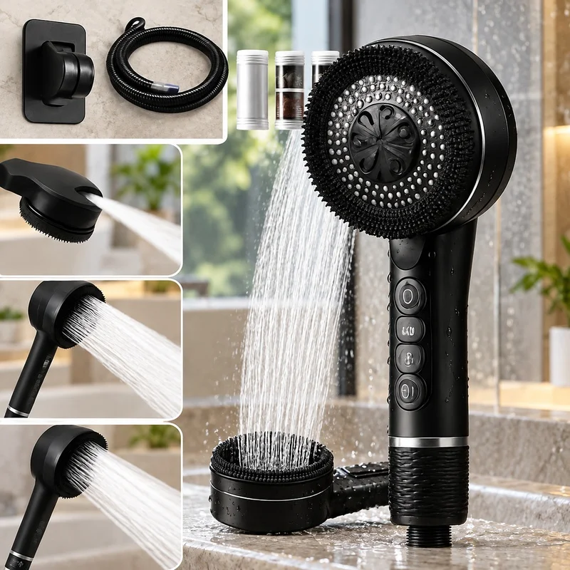 Bathroom Shower Head with Integrated Filter and Adjustable Four-Level Water Flow Control