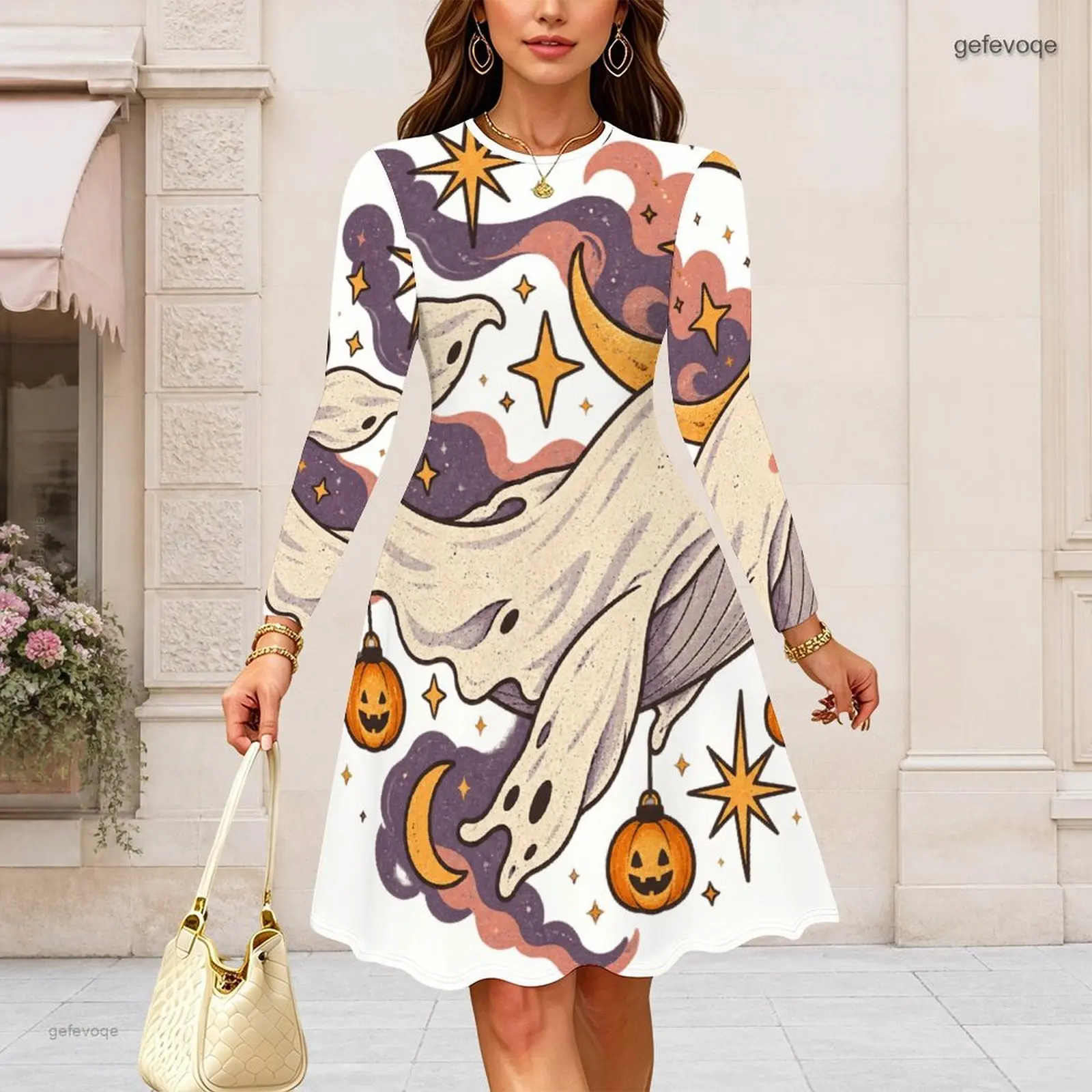 Women Round Neck Long Sleeve Midi Dress Slim Fit Waist A Line Swing Dresses Custom Print Lady Daily Party Dress
