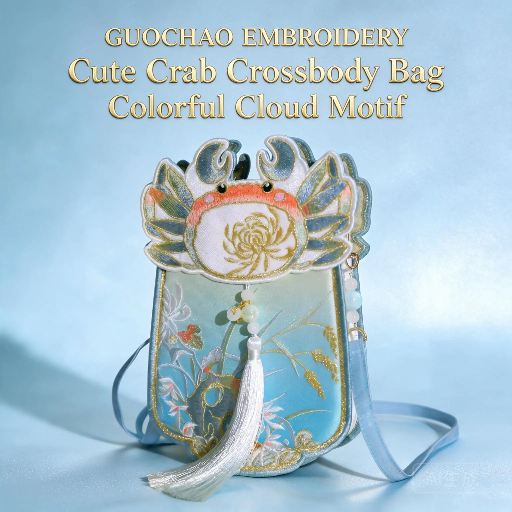 Cute Crab Embroidered Chinese Hanfu Style Crossbody Bag For Women Lolita Small Phone Purse With Tassel Pearl Chain For Daily Use