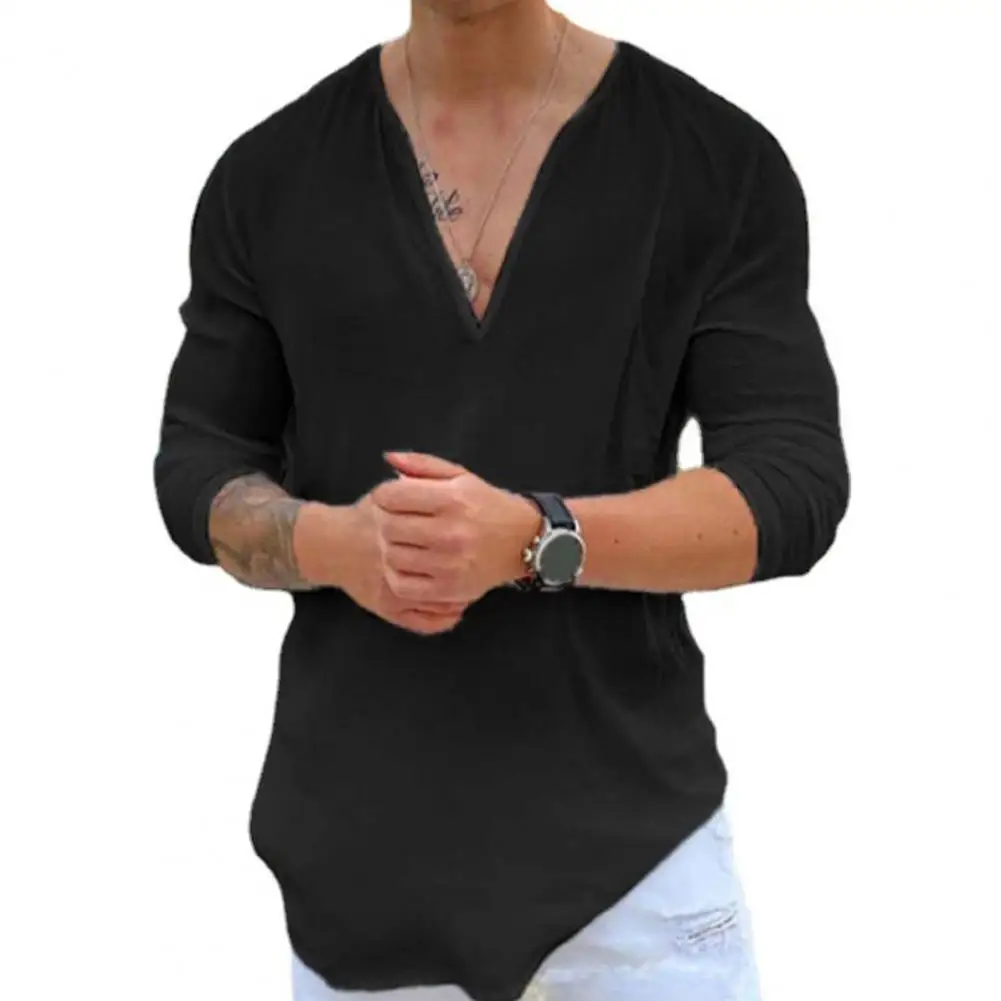 Summer Men T-Shirt Solid Color Three-quarter Sleeves V-Neck Casual Shirt Loose Fit  Sweat Absorption Shirt Top Streetwear