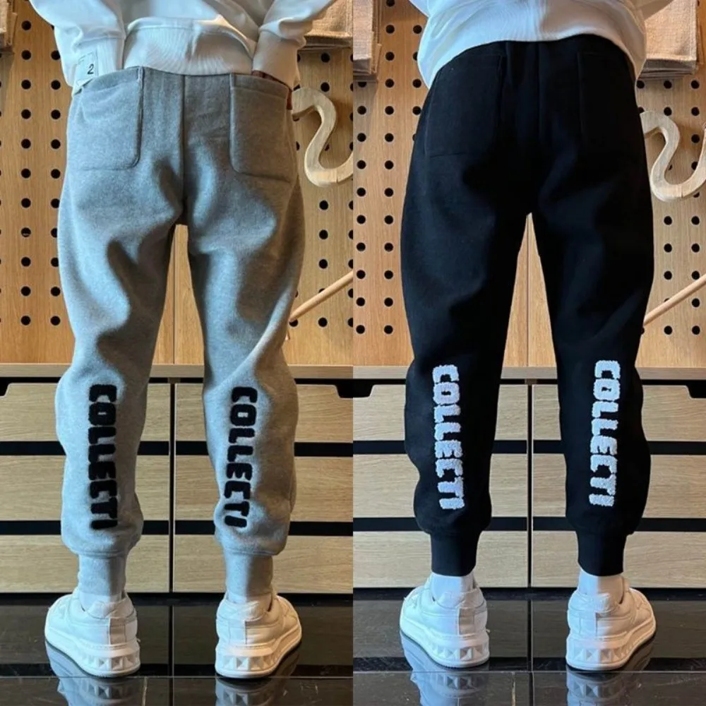 Autumn and Winter Fleece Thermal Warm Casual Pants Men's Elastic Waist Jogger Pants with Embroidered Cuffed Tracksuit Trousers