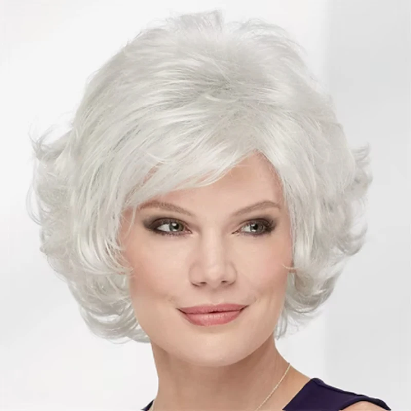 HAIRJOY Short  Silver Grey Wig for Women Synthetic Hair Wigs with Bangs Natural Curly Hairstyle