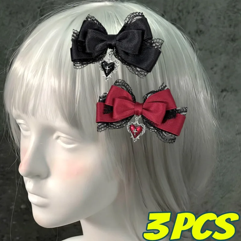 

1/3 шт., заколка для волос с бантом в стиле Лолиты для девочек, готический винно-красный крест, челка, боковые заколки для волос, головной убор в стиле панк, субкультура Y2K, лента, головной убор