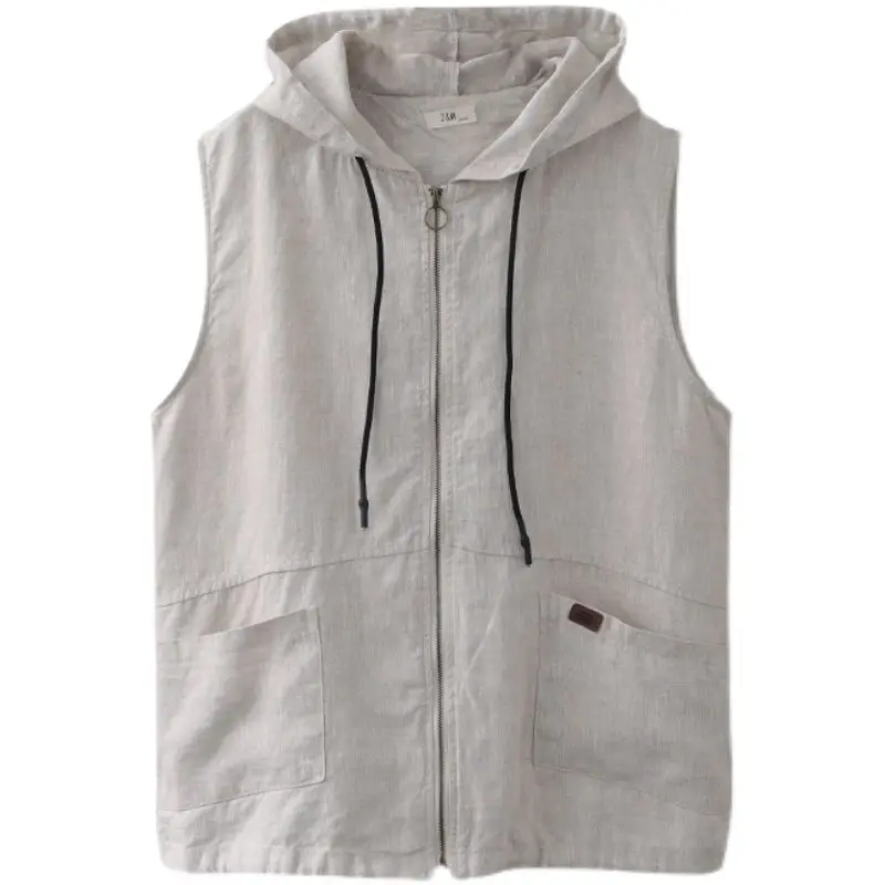 Womens Cotton And Linen Solid Color Hooded Zippered Vest Jacket