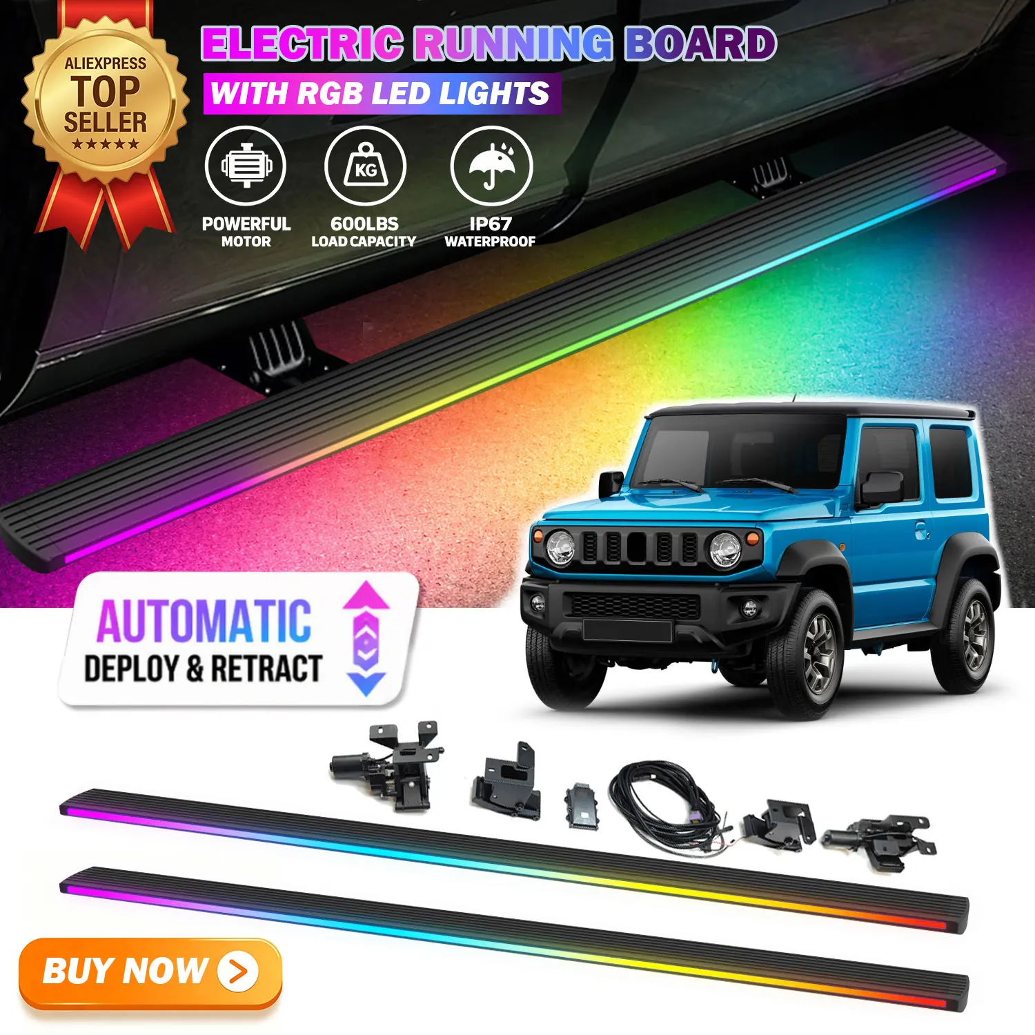 Deployable Power Electric Running Boards Fits For Suzuki Jimny 3DR 2019-2026 with LED Light Strips Side Step Nerf Bars