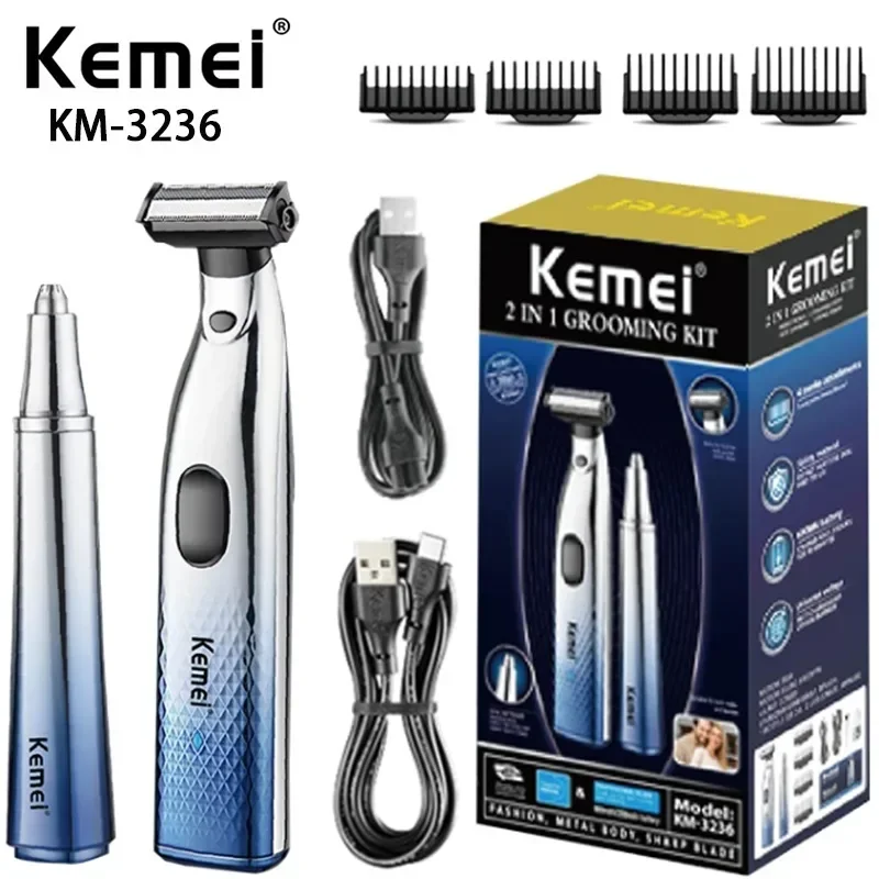 Kemei km-3236 Rechargeable 2-in-1 hair remover, compact, portable, smooth and efficient men's shaver, nose hair remover