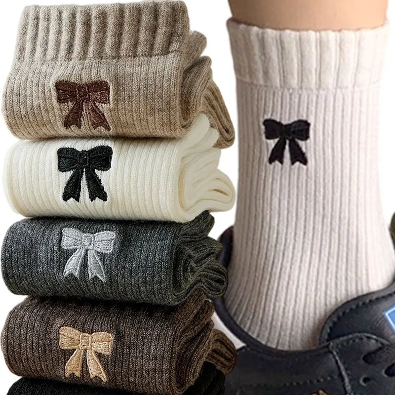 

Осенне-зимние милые носки с бантом, теплые пушистые носки до середины икры, удобные носки, обувь для женщин, повседневная одежда, модная одежда, подарки