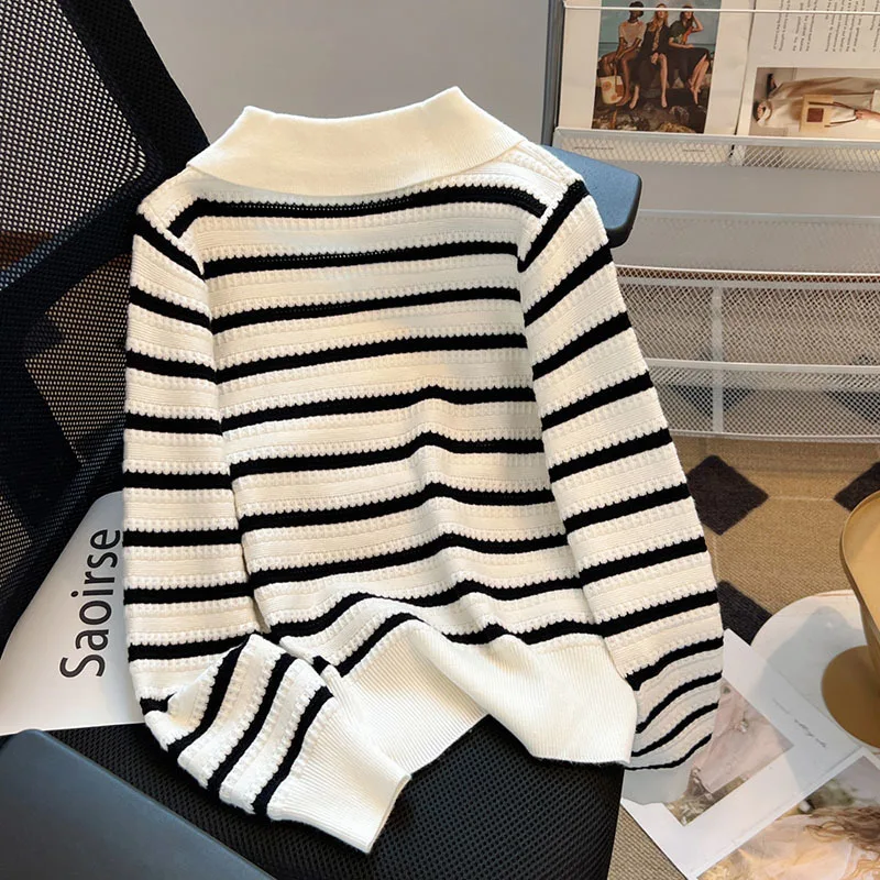 Pullovers Sweaters 2023 Hot Sales Women Long Sleeve Casual Knitted Top Striped Casual Loose France Style Sweater