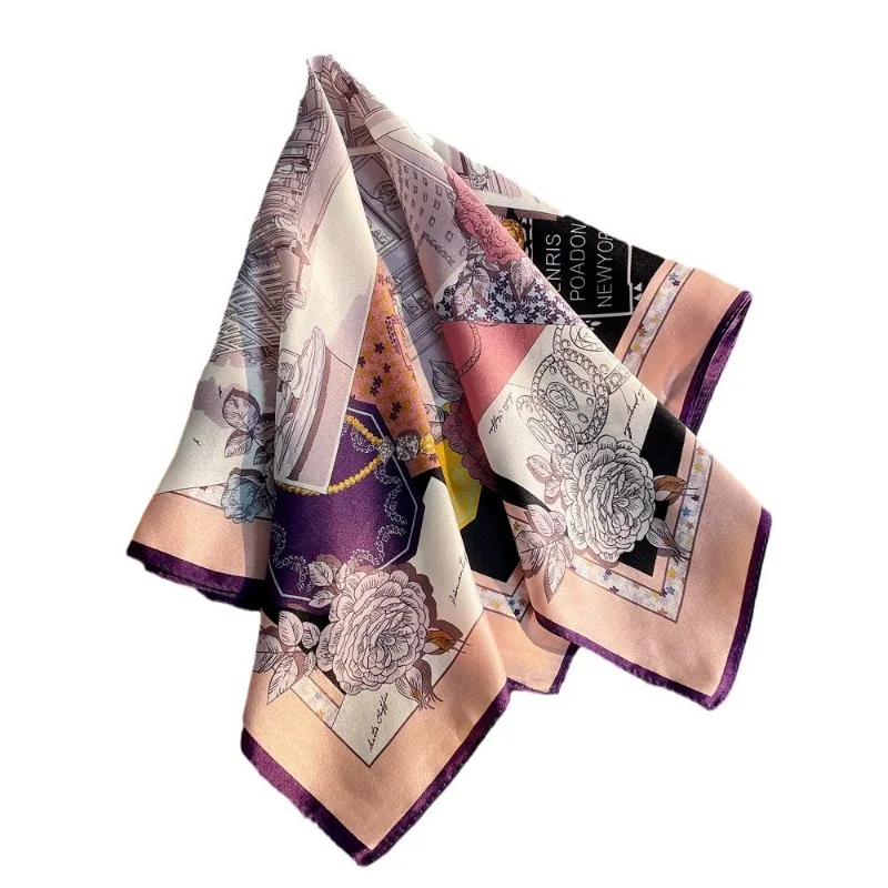 

53x53cm Elegant Pink Black Silk Bandana Vintage Building Rose Print Neck Scarf for Office Daily Wear