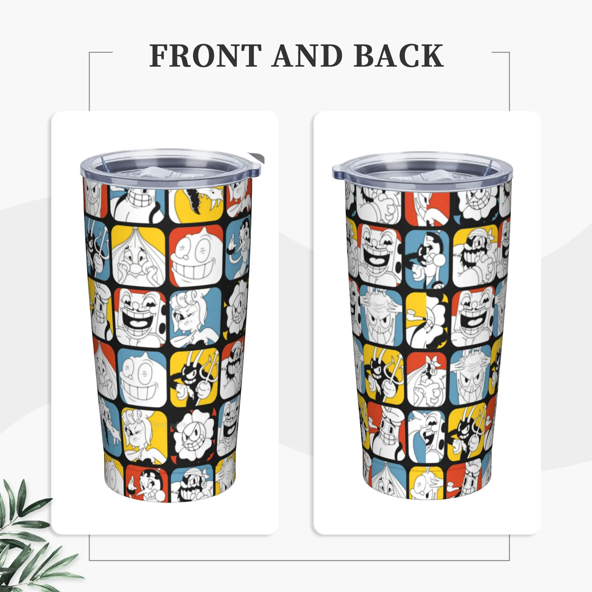 The Cuphead Collage Insulated Tumbler with Lid Game Anime Vacuum Thermal Mug Office Home Hot Cold Drinks Cup, 20oz