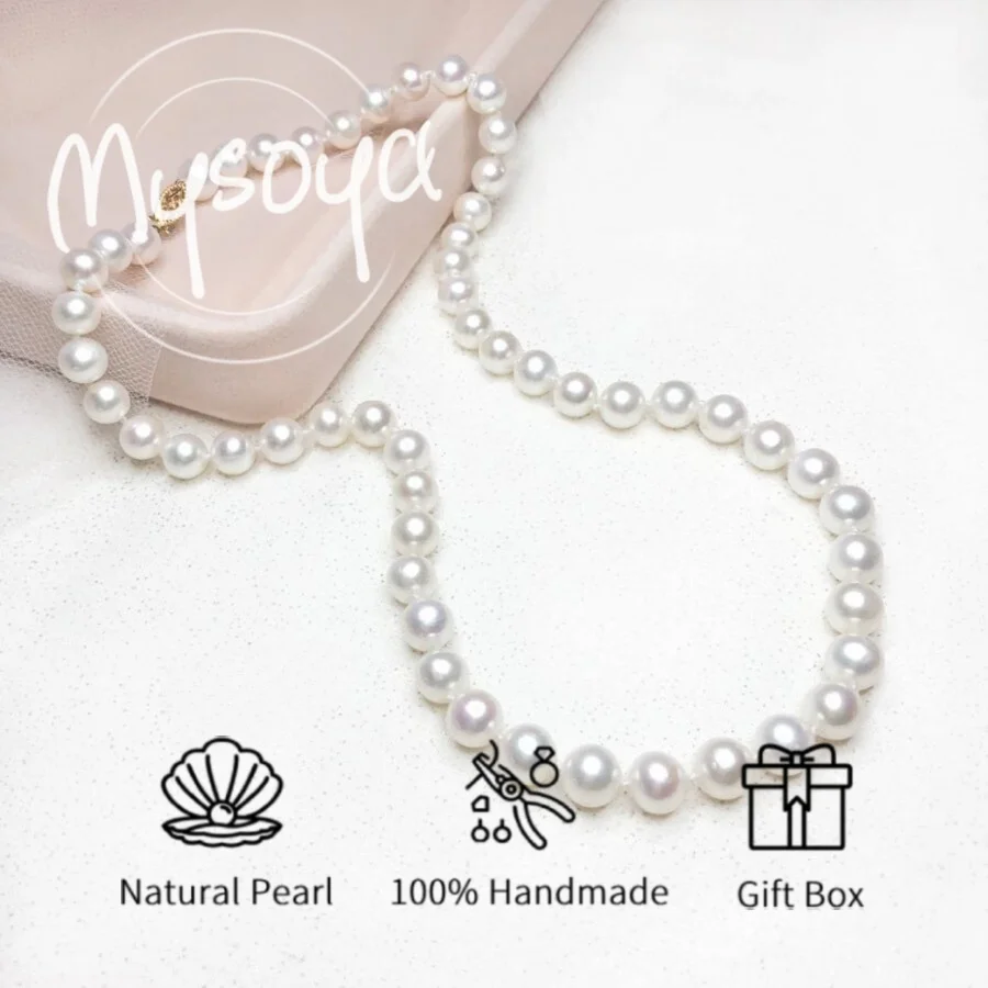 

MYSOYA 9-10mm White Freshwater Pearl Necklace For Women Men With Gift Box Perfect Gift For Wedding Birthday Christmas New Year