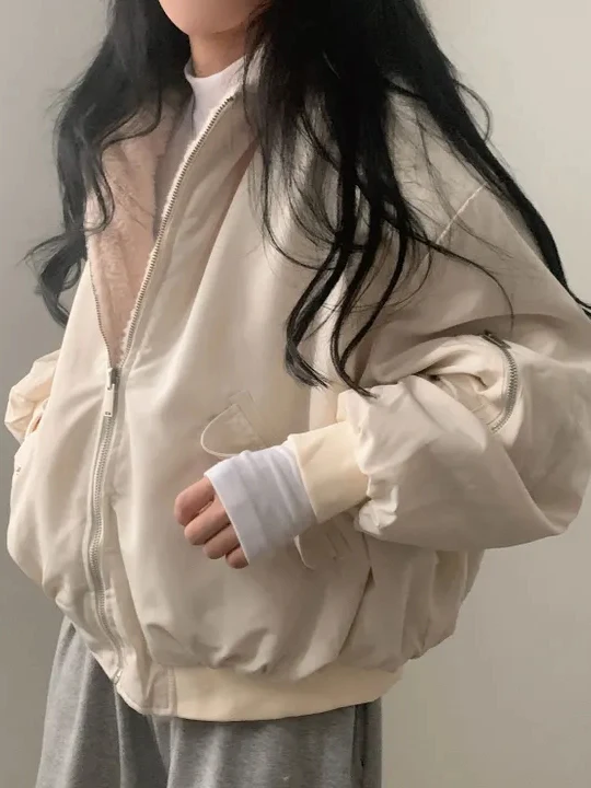 

Стильная двусторонняя женская хлопковая куртка с флисовой подкладкой и утолщением, с отделкой из овечьего меха, в корейском стиле, свободного кроя, на молнии, длинная