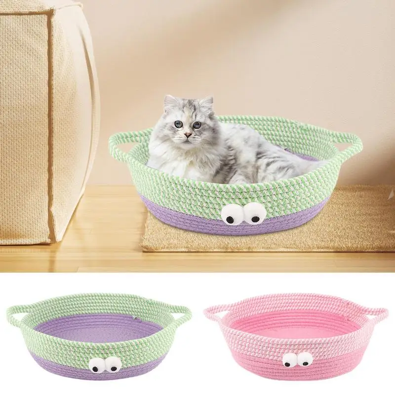 Woven Cat Bed For Indoor Cat Simple Basket Cotton Rope Round Pet Nest Washable Nest Beds For Small Dog Cat Hammock Simple Hand