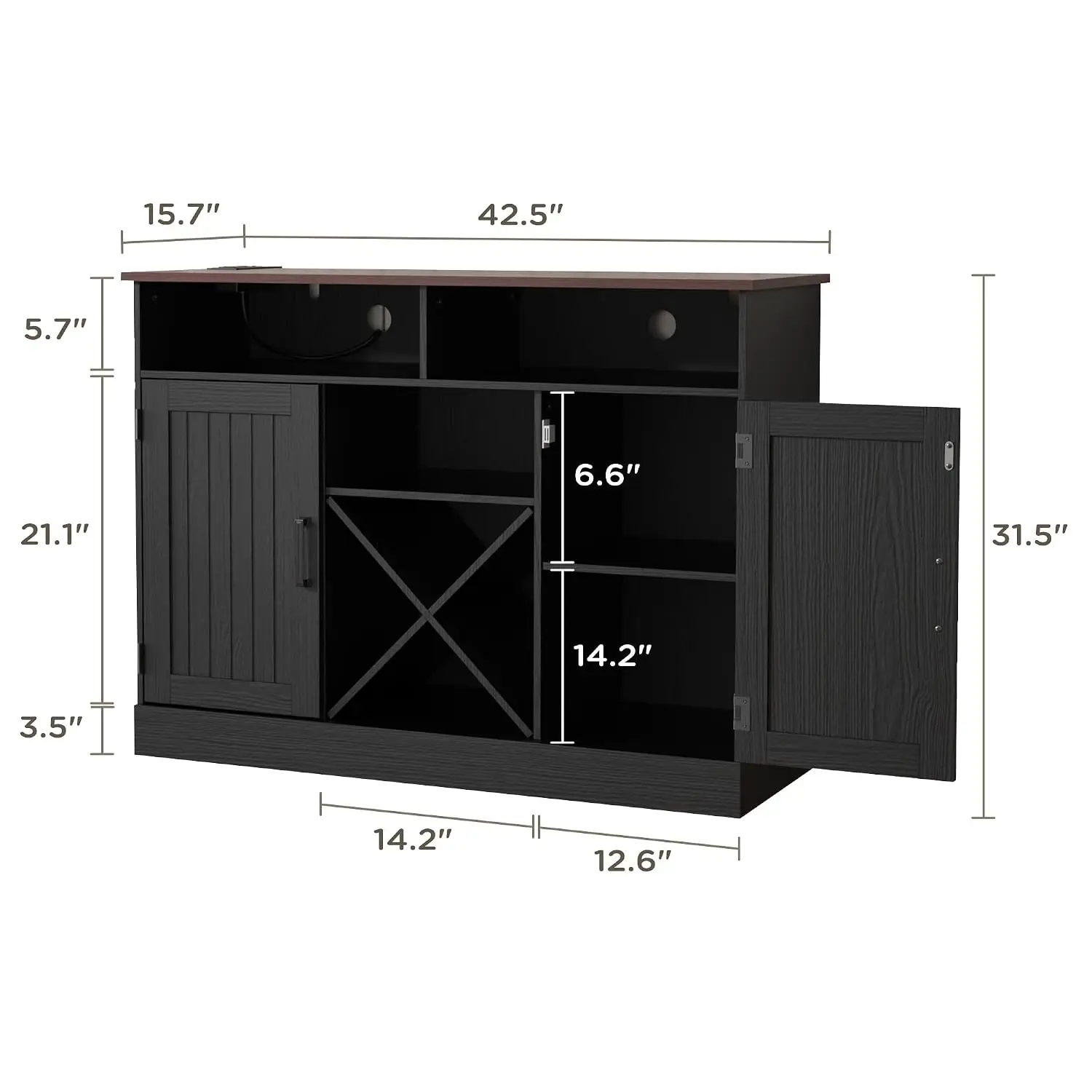 Farmhouse Coffee Bar Cabinet with Power Outlets & Wine Rack, Wooden Liquor Storage for Dining & Living Room, Black, Customized