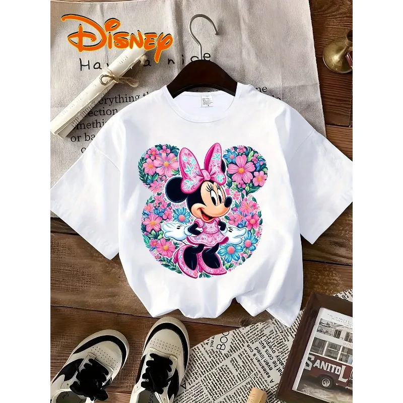 

Disney Minnie Mouse Print Round Neck T-Shirt Soft Cotton Easy To Wash Casual Short Sleeve Women's Casual Fashion Harajuku Top