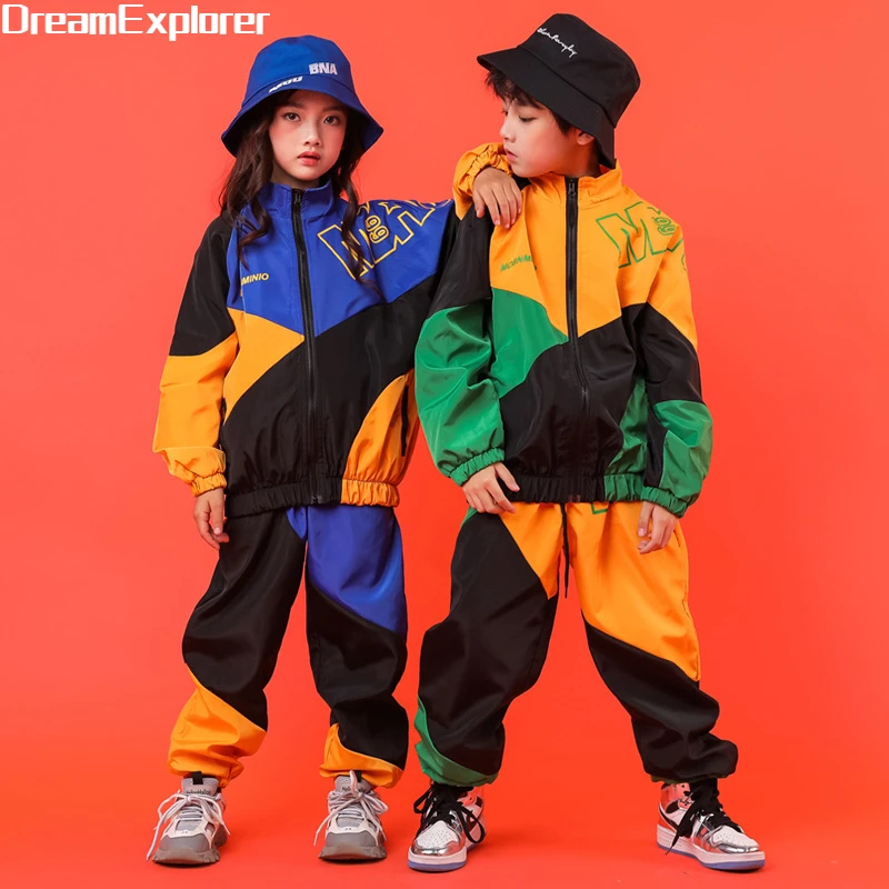 Boys Hip Hop Patchwork Jacket Girls Sport Pants Clothes Sets Kids Street Dance Joggers Contrast Color Costumes Streetwear Outfit