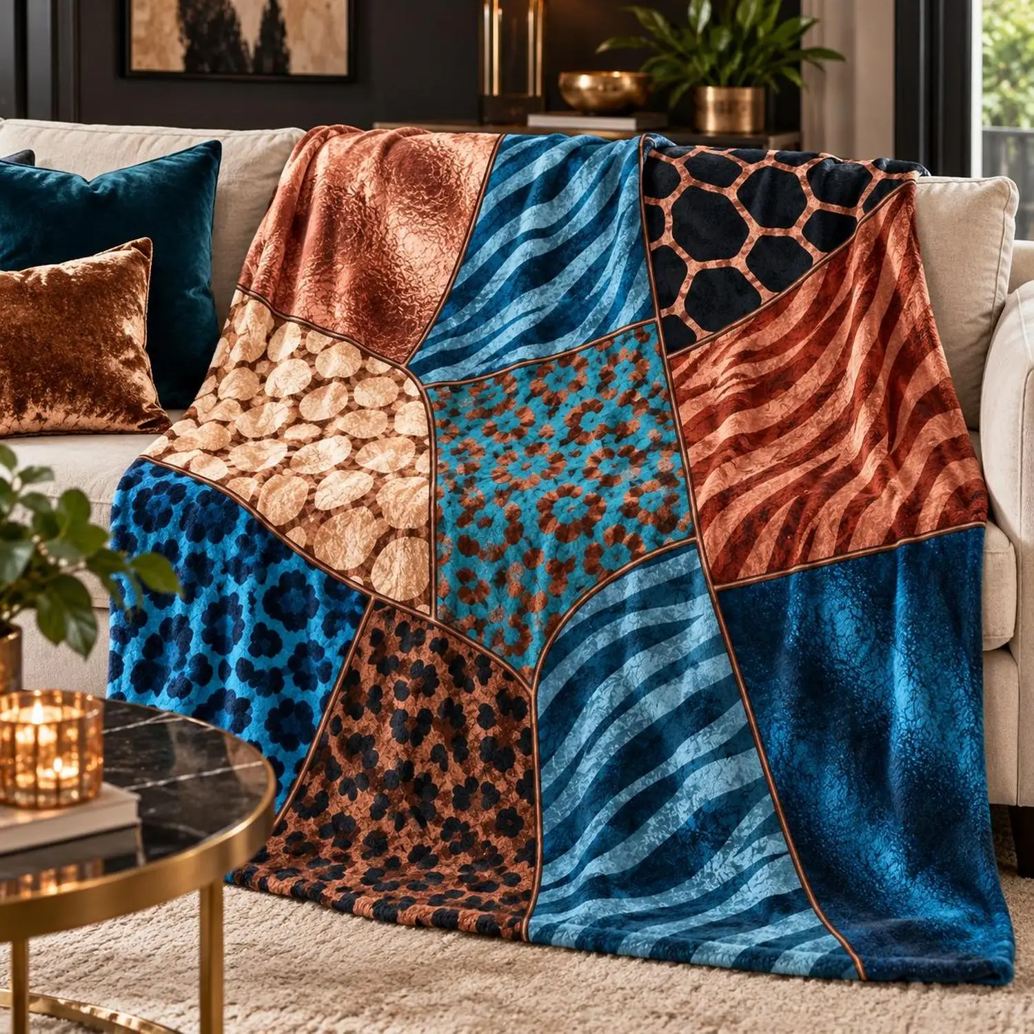 [Flannel Blanket] Blue Animal Print Blanket, Copper-Colored Zebra and Leopard Print Patchwork Blanket, Maximalist Decoration