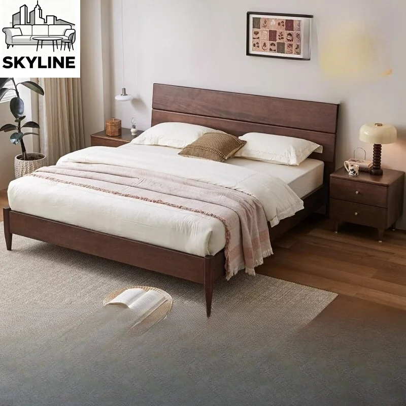 1.8m Antique Walnut Solid Wood Double Bed, Multi-size Full Wood Bedroom Furniture for Family Master Room
