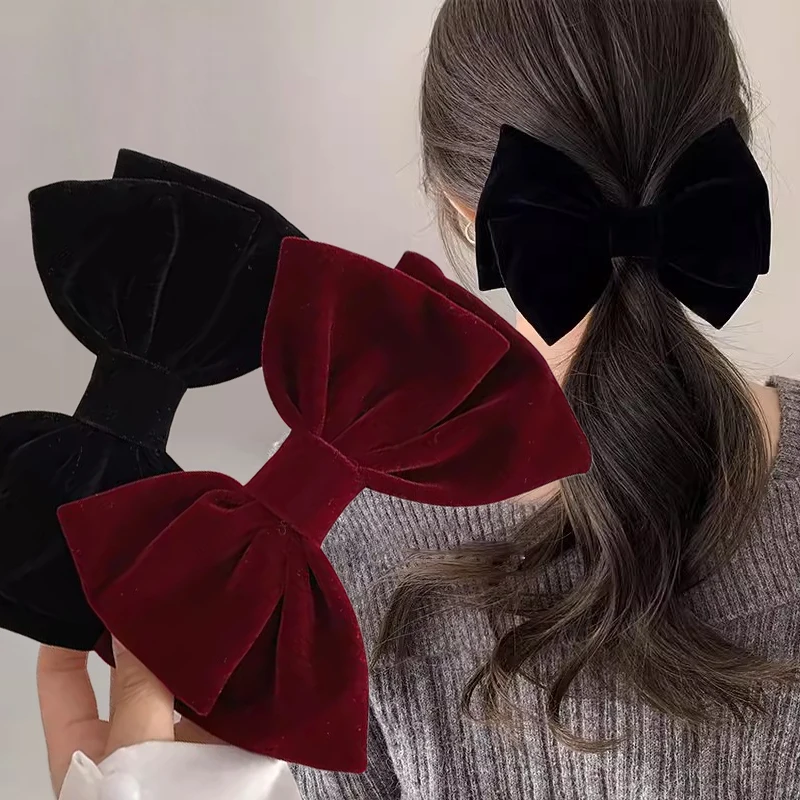 Black Red Velvet Bow Hair Pins Elegant Fabric Hair Clips Rubber Band for Women Fashion Ponytail Barrette Heawear Accessories