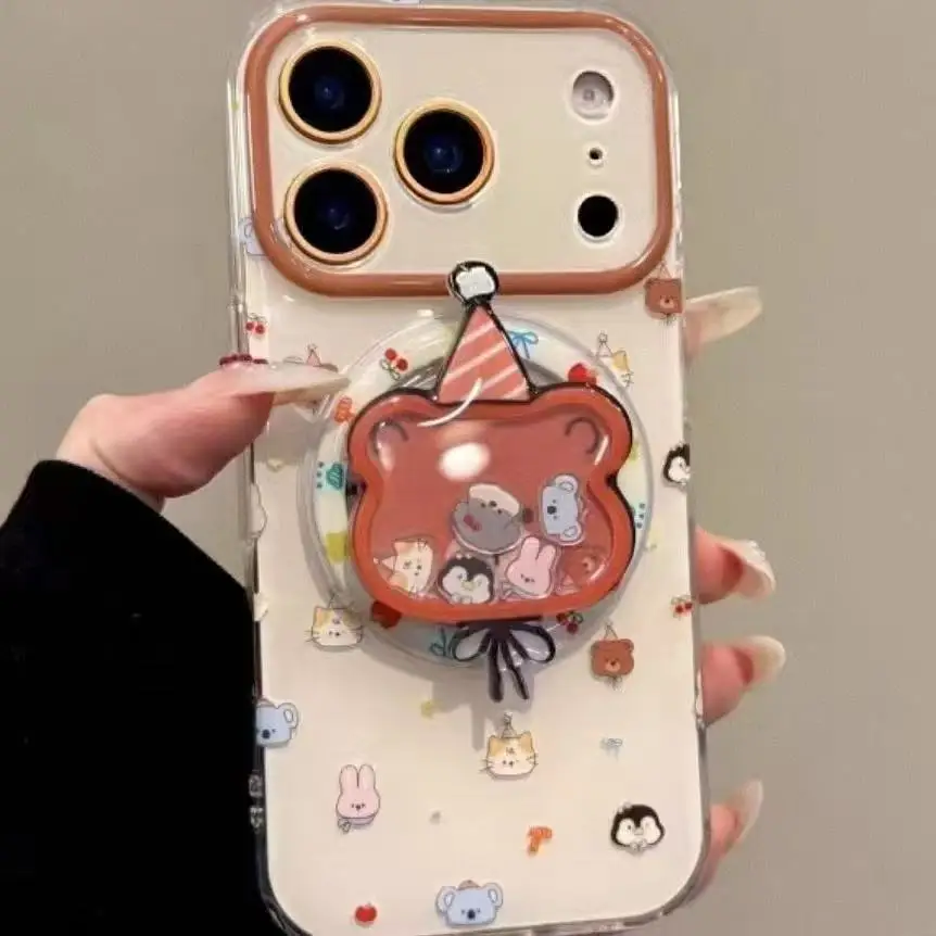 

Cartoon Bear Quicksand Magnetic Phone Grip Stand Foldable Airbag Holder Bracket Anti-Drop Finger Socket Cute Cell Phone Decor