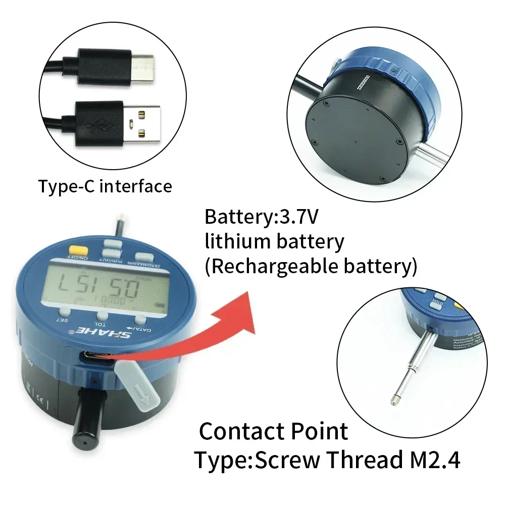 SHAHE Wireless Digital Indicator 1μm Resolution IP54 Electronic Indicator 0-12.7 /25.4/50.8mm With Rechargeable Battery