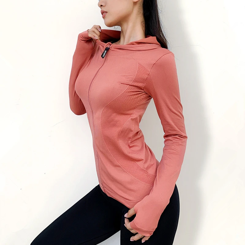 Women Sport Hoodies Zipper Running Jacket Quick Dry Yoga Coat Clothes Long Sleeve Sportwear Slim Gym Workout Fitness Hooded Tops