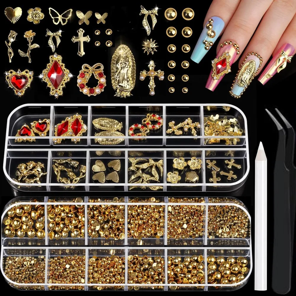 12 Sztuk Ozdób do Paznokci z Krzyżem Matki Boskiej, Stopu, Złote, Różowe Kwiaty, Motyle, Serca, Cyrkonie do Manicure Akrylowego