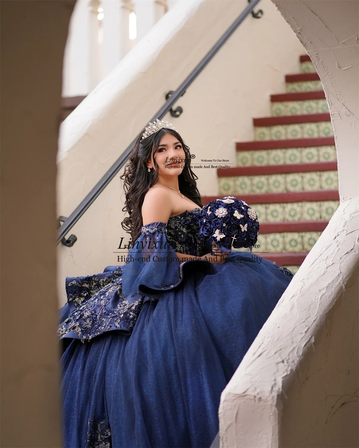 Vestido De baile De quinceañera azul marino con apliques, vestido De lentejuelas De encaje, dulce vestido De 16 Años, Vestidos De cumpleaños De 15 XV Años