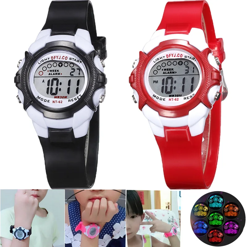 Digital Kids Watch 7-colors LED Waterproof Child Watch Sport Silicone Strap Kids Watches Student Gift for 3-10 Year Girls Boys