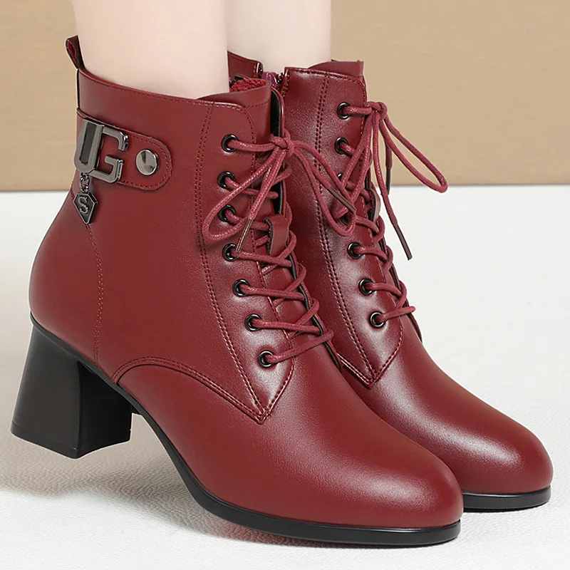 2024 British Women Mon Cotton Shoes Retro Lace Up Chunky High Heels Ankle Boots Korean Version Black Warm Platform Short Boots