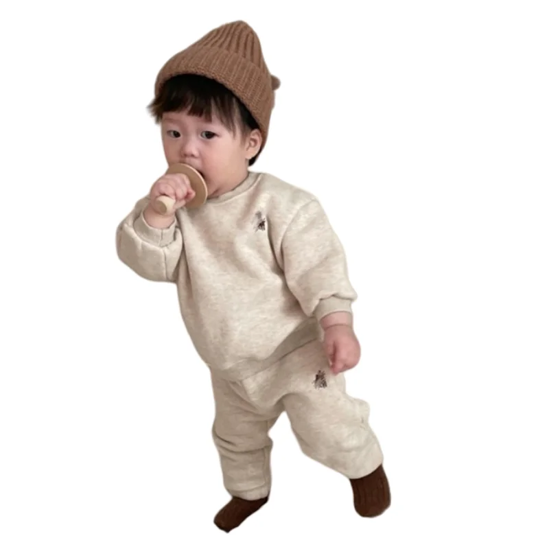 Conjunto de sudadera y pantalones de algodón para niño, chándal deportivo de color Beige para primavera y otoño, regalo de Navidad, 2 uds./set, 2024