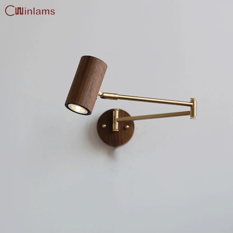 

Japanese Walnut Wood Color Original Wood Color Creative Rocker Arm Long Arm Study Reading Light Bedroom Bedside Wall Light