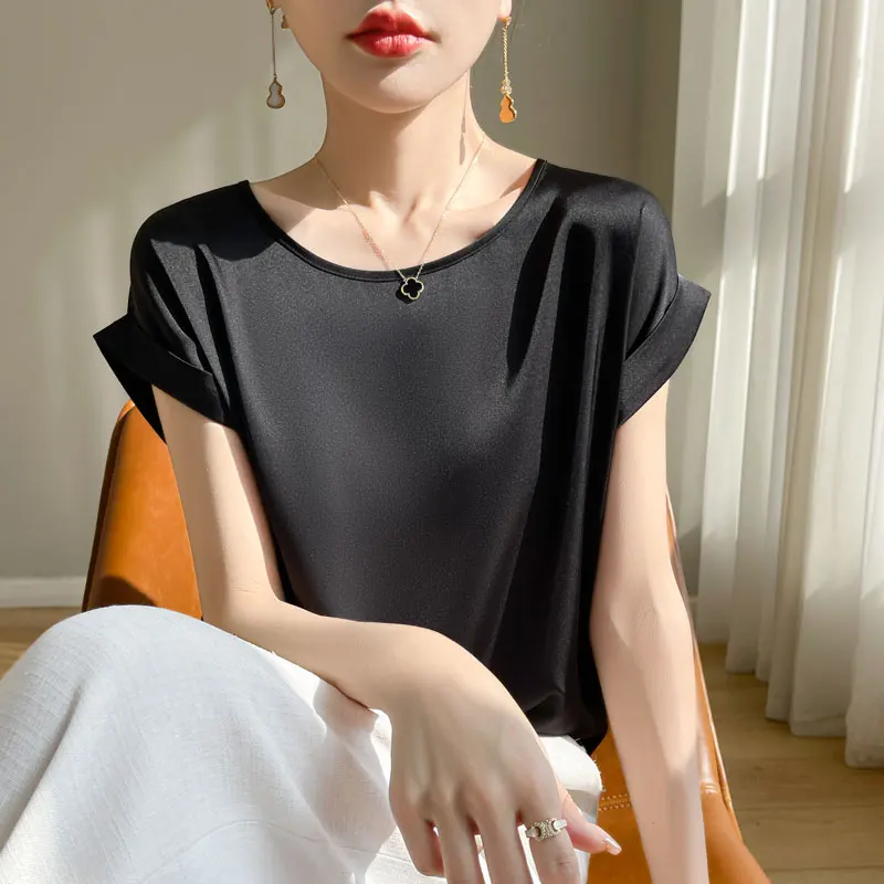 New Summer French Satin Slippery Short-sleeved Women's Round Neck Temperament Solid Color Simple High Sense Joker T-shirt