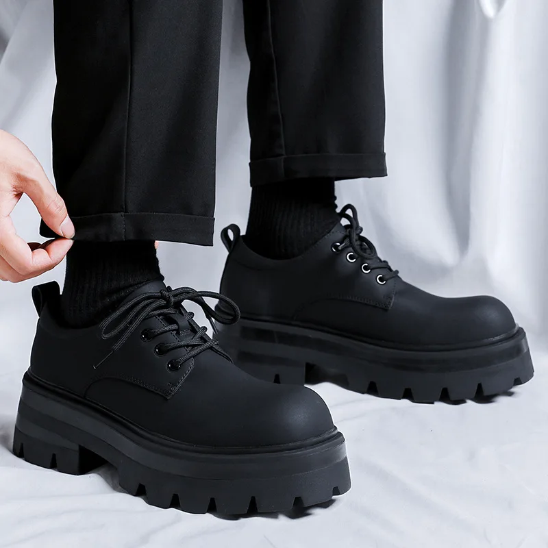 Men's Chunky Platform Derby Shoes Matte Leather Lace-up Shoes 2026 New Trendy Heightening Casual Shoes Streetwear Punk Footwear