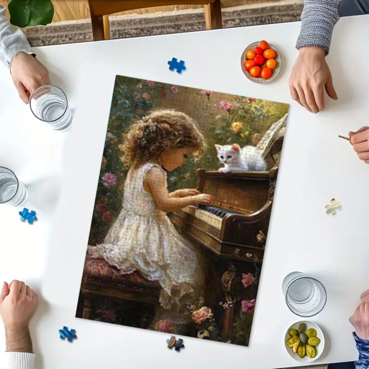 จิ๊กซอว์ 1000 ชิ้น ลายสาววินเทจเล่นเปียโนกับแมวขาว - ชิ้นส่วนมีหมายเลข สำหรับผู้ใหญ่และครอบครัว งานศิลปะติดผนังขนาดใหญ่