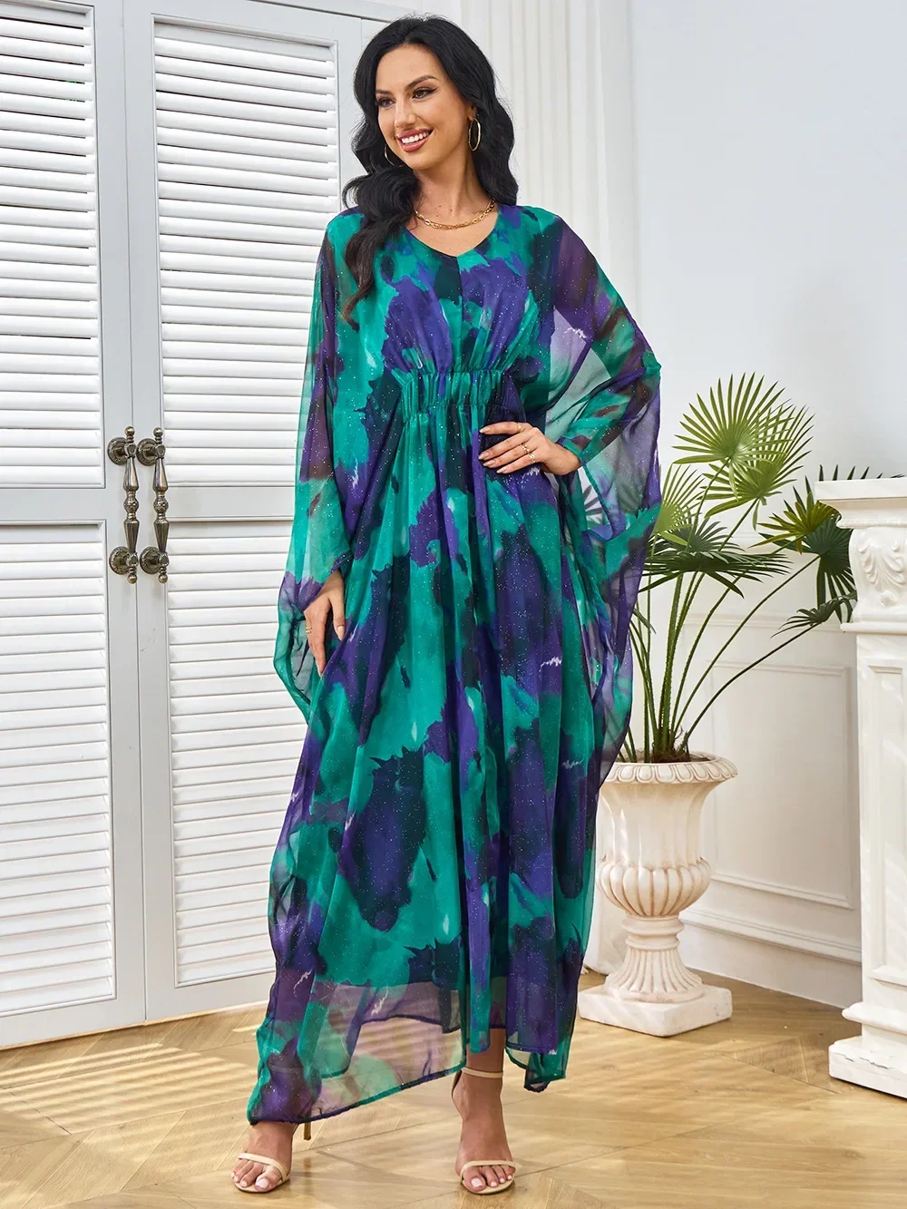 Eid Muslim Women Dubai Print Dresses Batwing Sleeve Abaya Jalabiya Ramadan Arab Long Robe Morocco Abayas Kaftan Party Vestidos