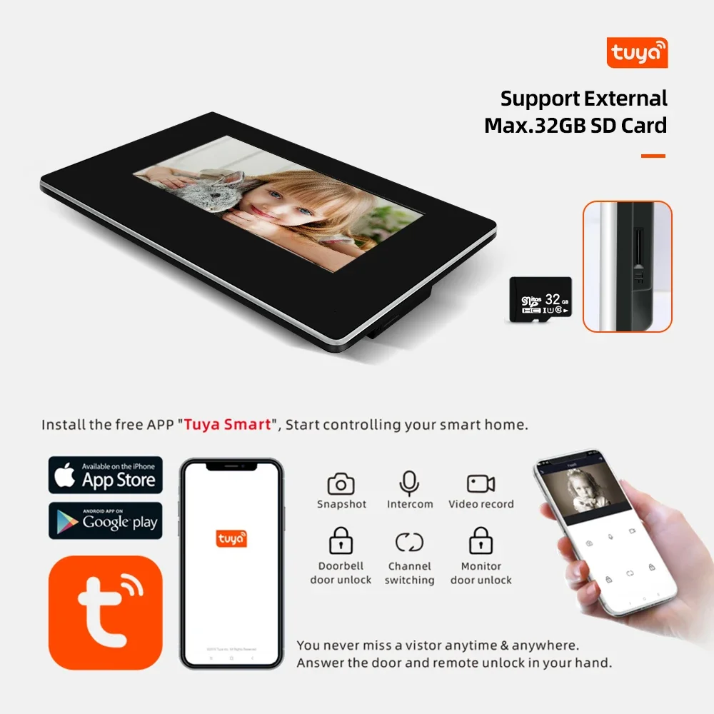 Tuya 7 Inch Wifi Video Intercom System for Home Apartment Touch Screen Access Control Intercom Doorbell with Camera Detection