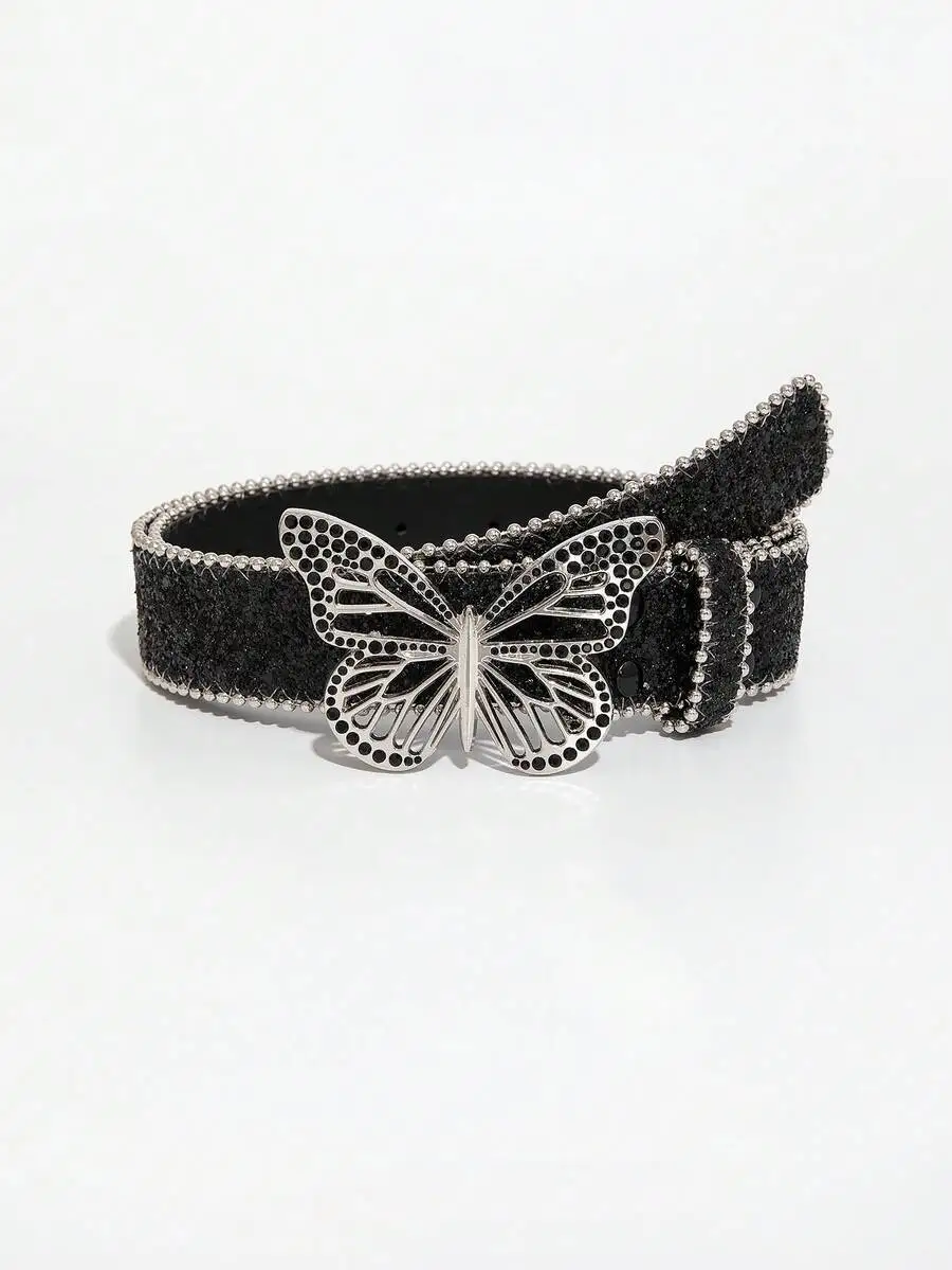 Womens Pink Sequins Y2K Butterfly Rhinestone Belt