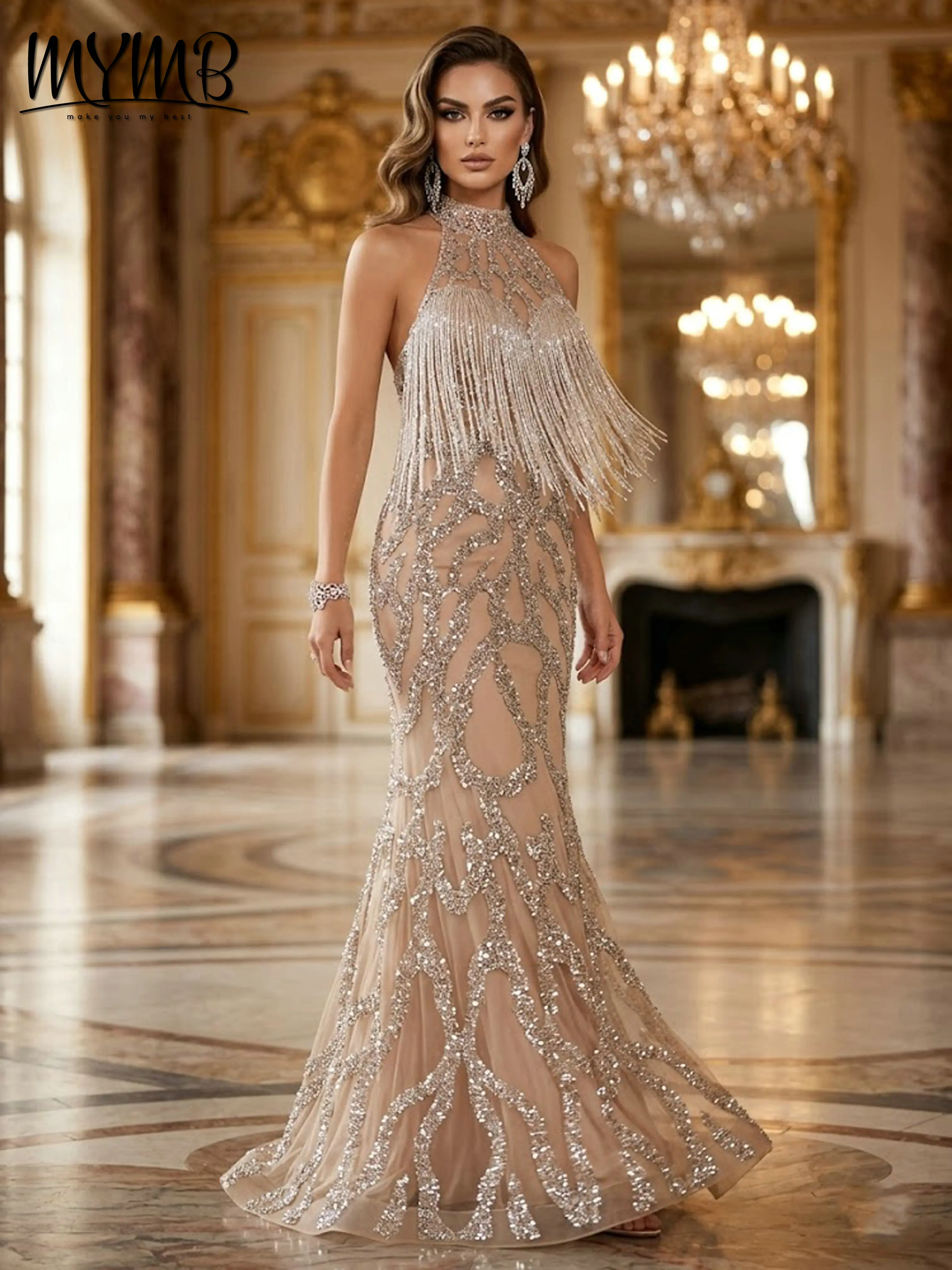 

MYMB Luxury Champagne Beaded Fringe Evening Dress Women Halter Sleeveless Silver Sequins Prom Gowns Elegant Formal Party MC20151