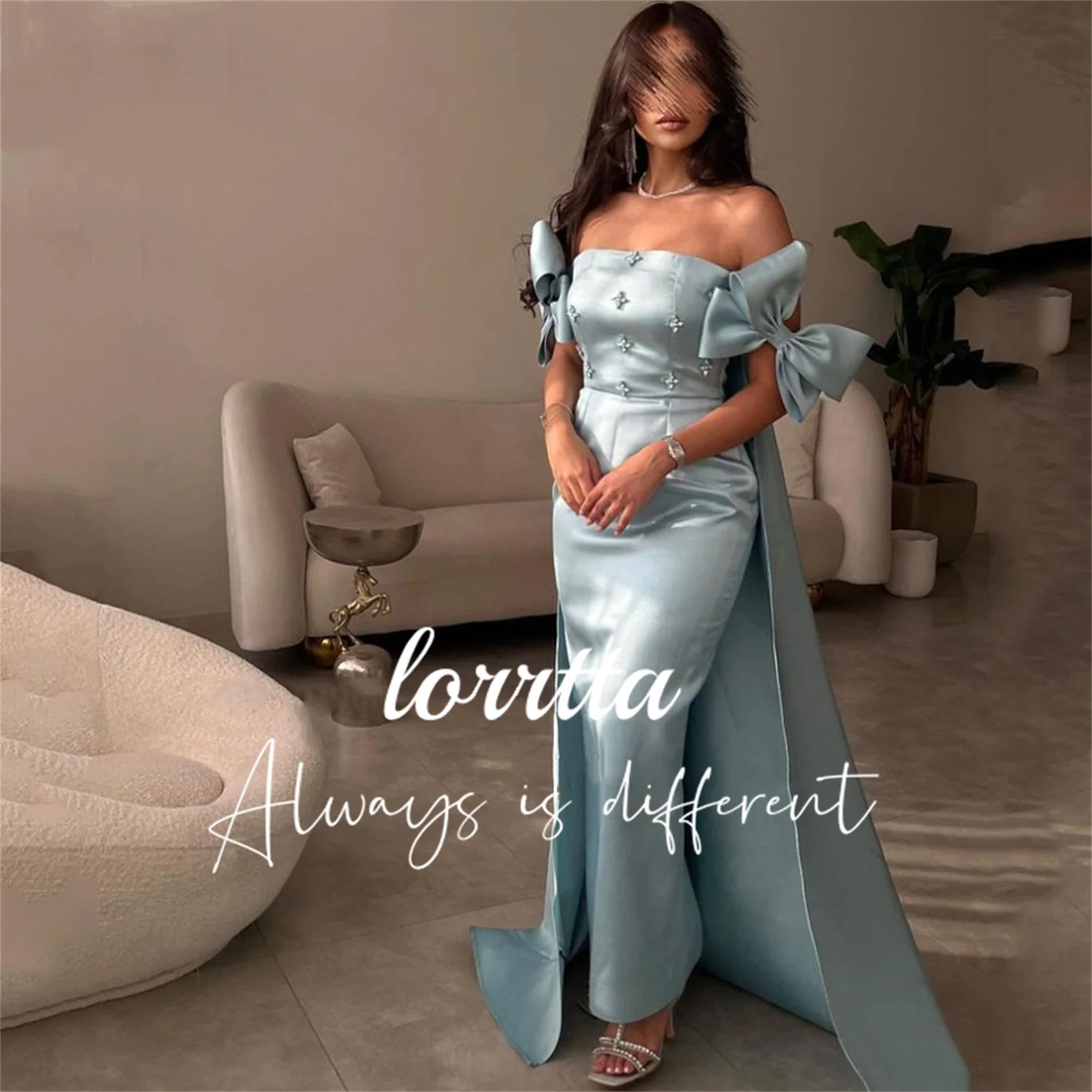 

Lorrtta Saudi Arabia Women's Bodycon Evening Gown Bow Off Shoulder Ball Gown Crystal Beaded فساتين للحفلات الراقصة السهرة سهره