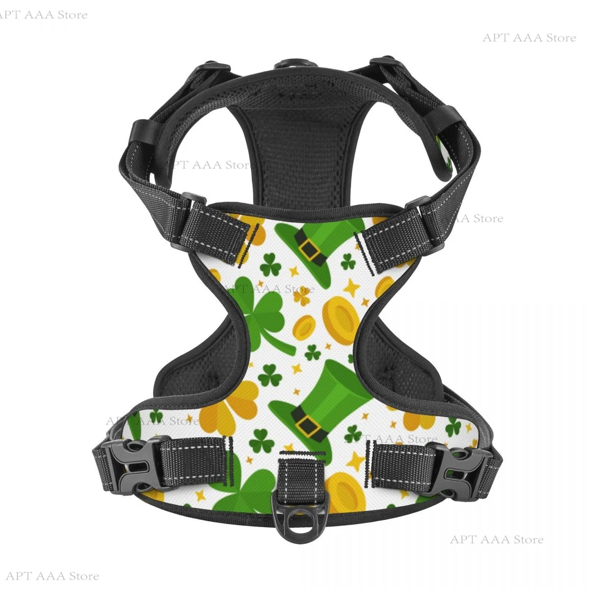 

Green Hats Golden Clovers Pattern Pet Cat and Dog Harness Soft Mesh Fabric Inside Adjustable Reflection Harness