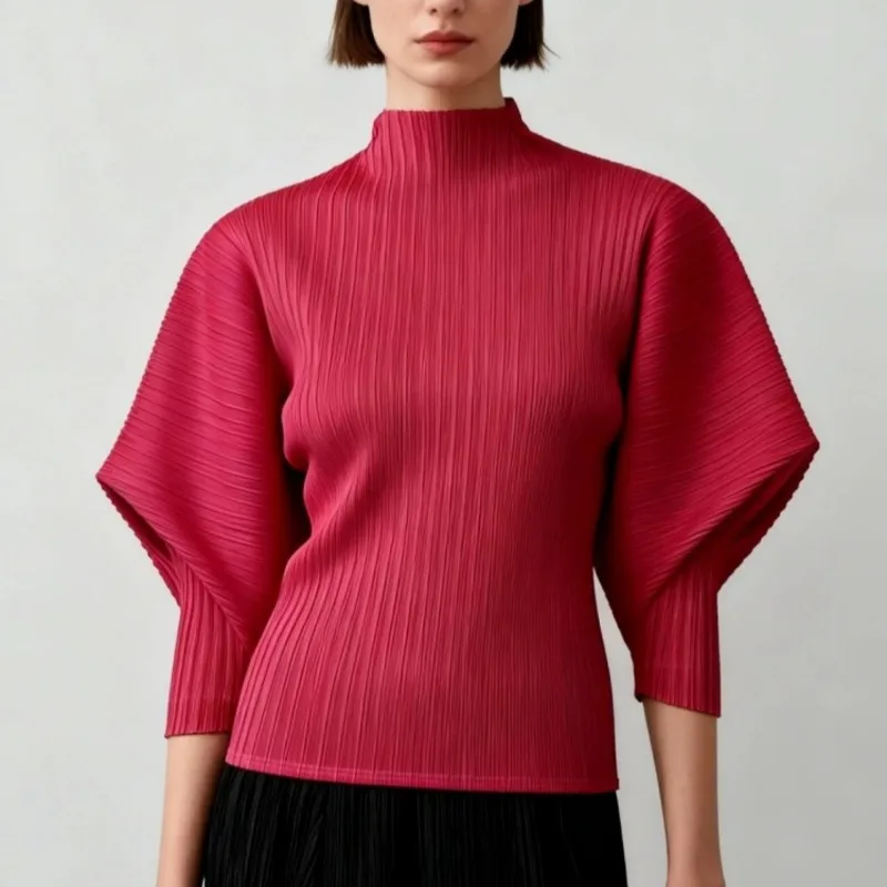 Miyake Plissiertes T-Shirt mit Fledermausärmeln 2026 Sommer Neue Mode Einfaches Langarm-Oberteil für Damen Leichte Dehnbare Drapierte Kleidung