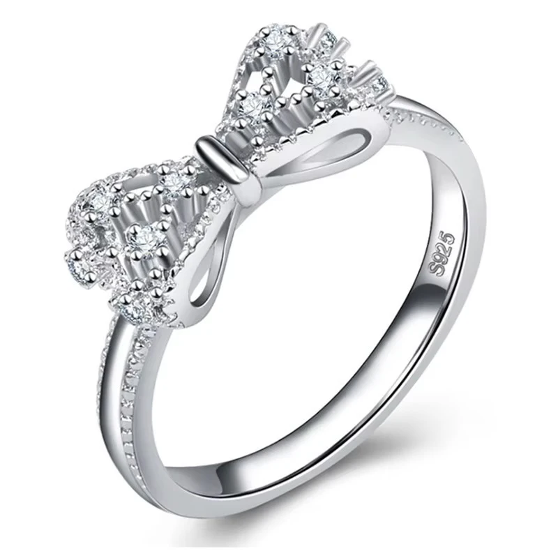 Sparkling 925 Sterling Silver Color Wedding Rings for Women Cubic Zircon Crystal Bowknot Fashion Engagement Ring